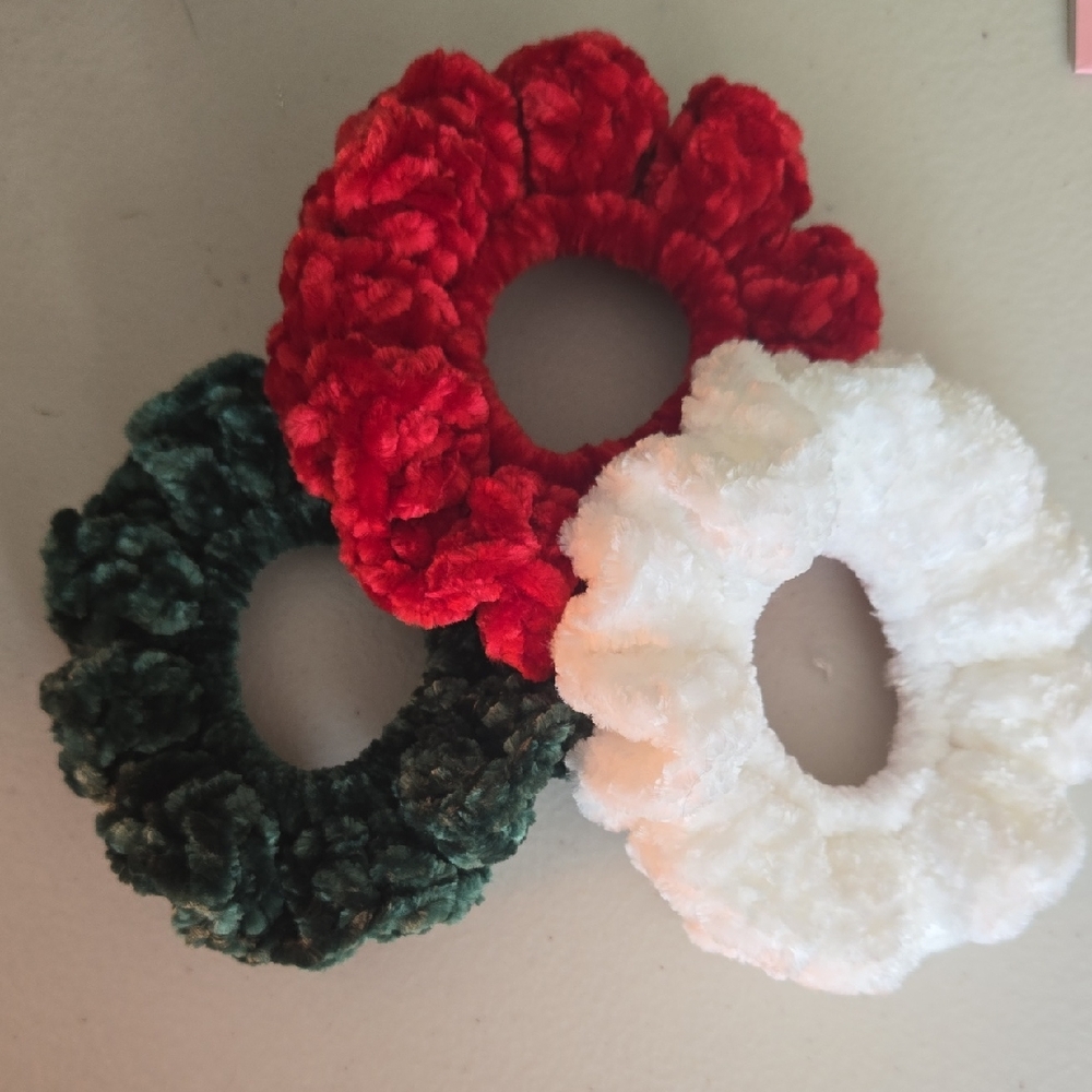 Red, Green, and White Christmas Velvet Scrunchie Set